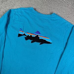 Patagonia Shirt Mens M Blue Fitz Roy Trout Long Sleeve Graphic Fishing Outdoors